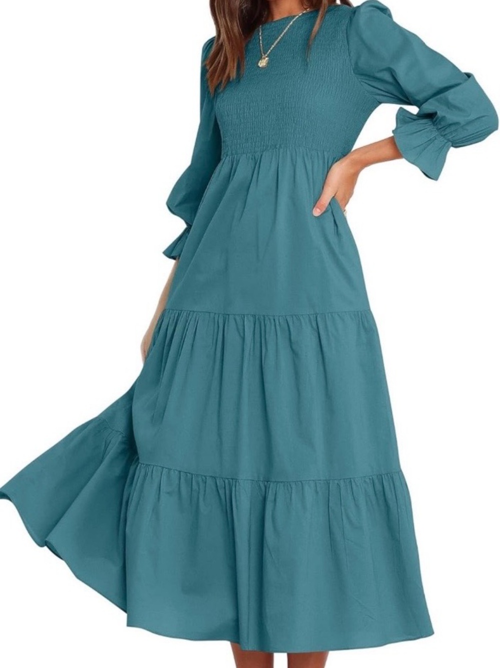BTFBM Women Casual Long Sleeve Crew Neck Fall Dress in Teal